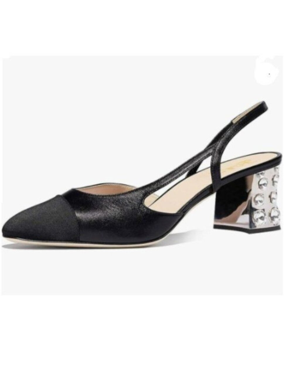 FOWT Black Rhinestone Rivet Chunky Pumps Pointed Toe Slingback Ankle Strap Shoes